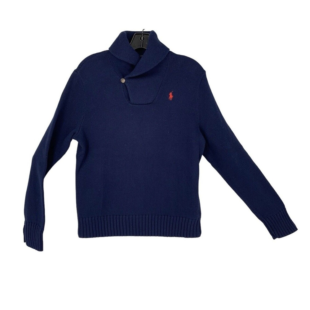 Ralph Lauren Sweater Mens XL Blue Casual Preppy Pullover Shawl Collar Logo Pony